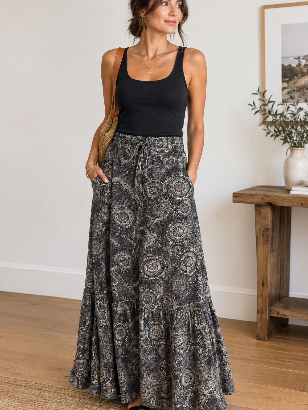 lil (Anthro) Silk Ruffle-Hem Maxi Skirt w/ Pockets-Black, Cream, Brown & Gray